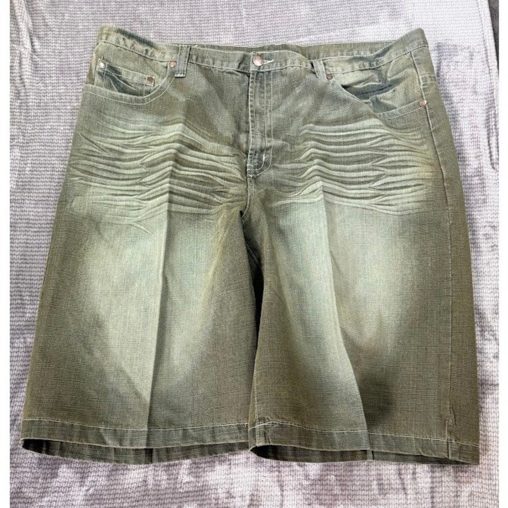 Brooklyn Xpress Mens Denim Shorts Olive Green Faded Whiskered Slub Texture 48X14